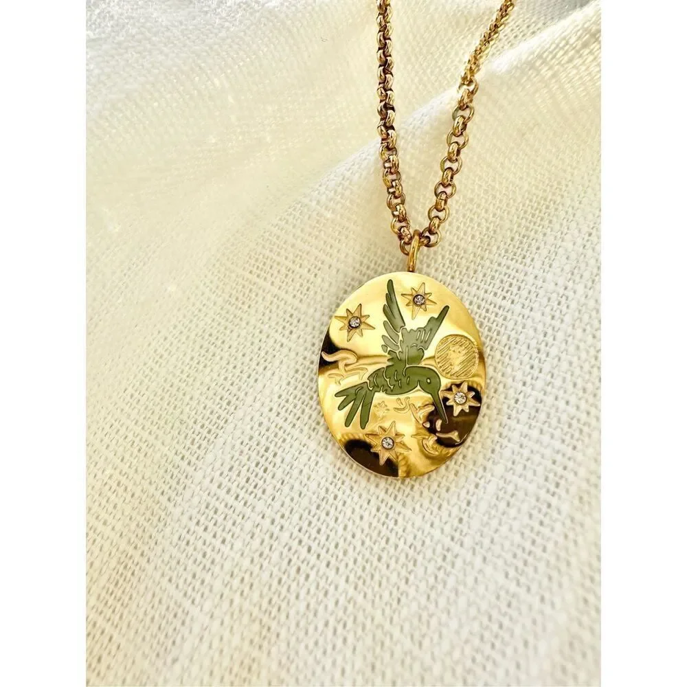 Hummingbird gold color coin pendant necklace